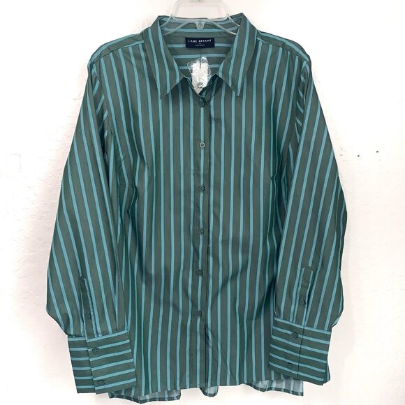 Lane Bryant Button Up Top NEW Womens 22 Green Striped Button Cuffs Casual Office - Picture 1 of 10